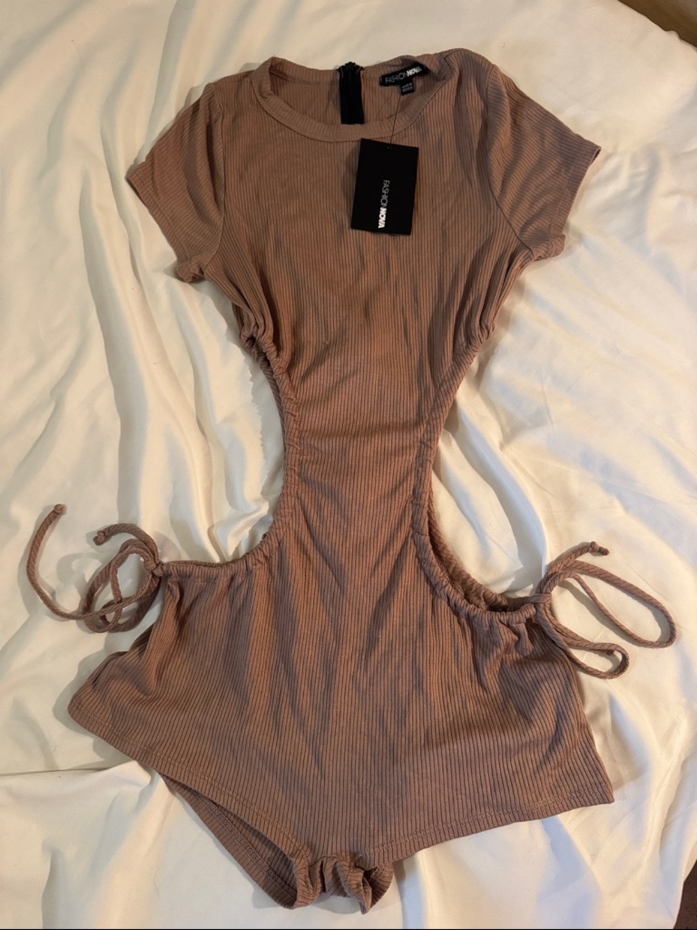 Fashion Nova Mauve-Taupe Ribbed Cutout Tie Romper